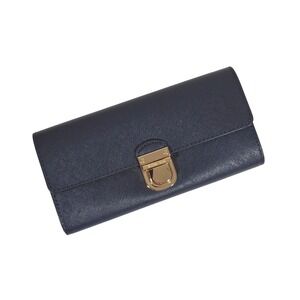 Michael Kors Saffiano Leather Bridgette Wallet Women Navy Blue Gold Push Lock